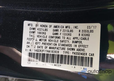 2017 Honda Accord Ex z USA, uszkodzony, nr VIN 1HGCR2F77HA183939